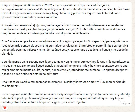 Mensaje de agradecimiento de una paciente, testimonio 2