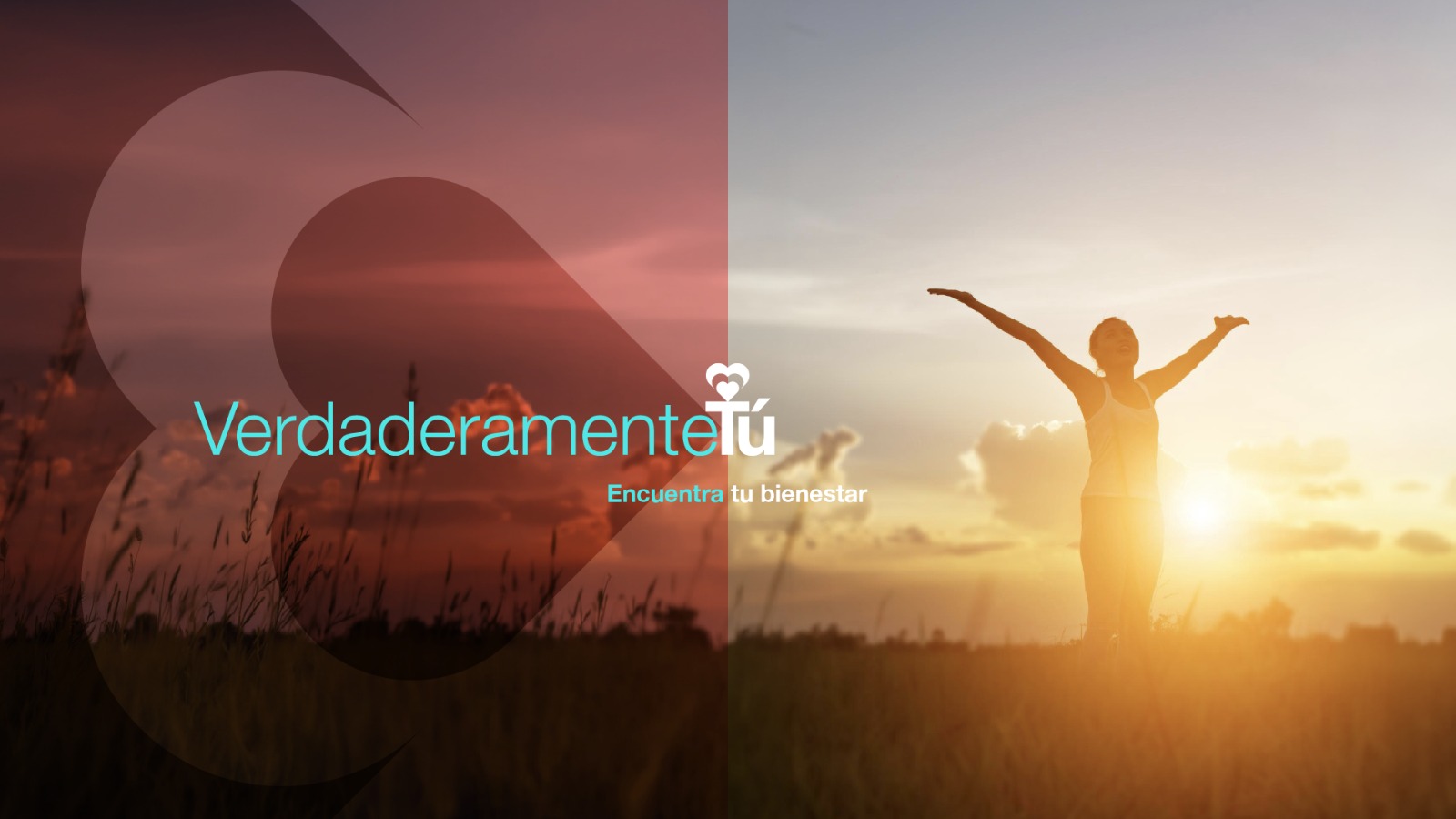 Marca Verdaderamente Tú — Encuentra tu bienestar, sobre una silueta de mujer con los brazos abiertos al atardecer