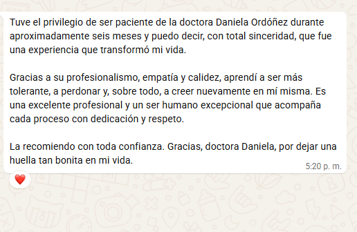 Mensaje de agradecimiento de una paciente, testimonio 3