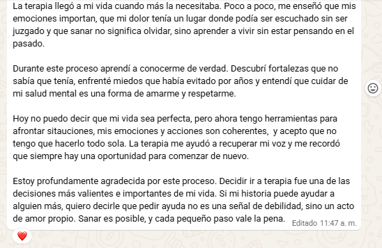 Mensaje de agradecimiento de una paciente, testimonio 1